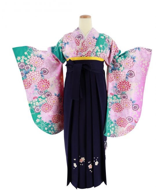 卒業式袴レンタルNo.726[ガーリー]青緑×ピンク×紫グラデ・菊桜